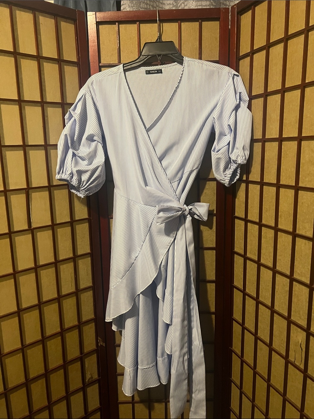 Striped Wrap Midi Dress with Puff Sleeves - Light Blue